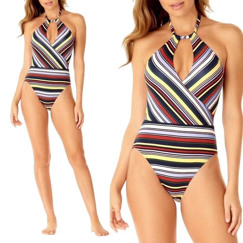 Anne Cole Sahara Stripe Halter Swimsuit Size 14 Summer Vacation Beach Retro Chic